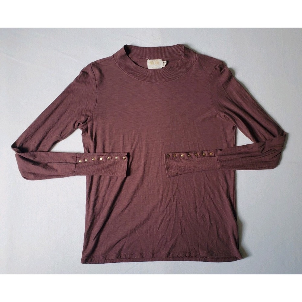 Nation LTD Joni Mock Neck Top Plum Burgandy 100% Cotton Gold Snap Cuff Sz S